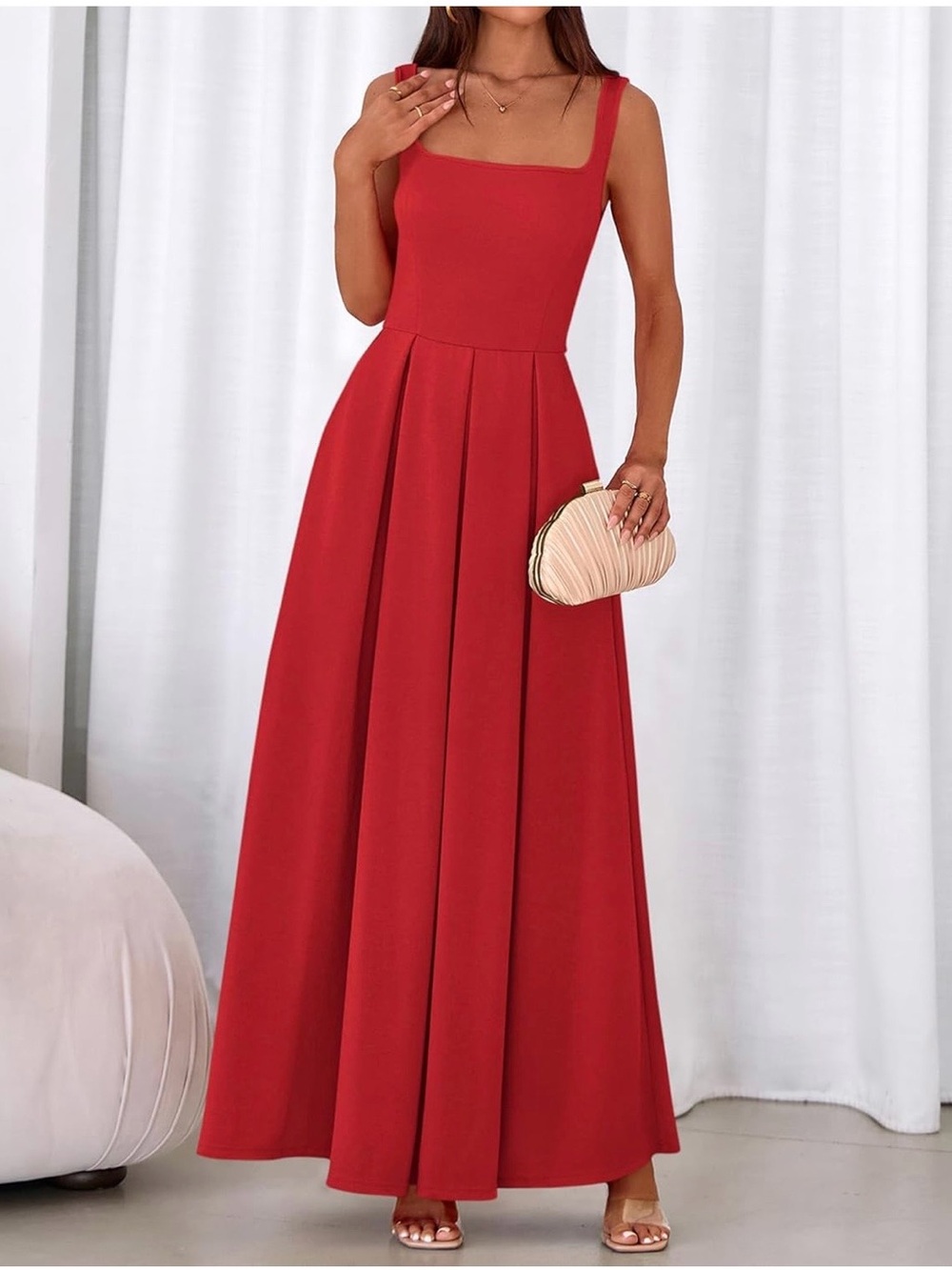 #64 BTFBM Elegant Red Square-Neck Maxi Dress